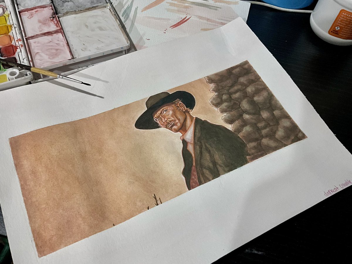 darkcat6's tweet image. 🐍🌾✨I’m only interested in Indio ✨🌾🐍

Drawing / Painting progress 
❤️🖌️🎨✍️❤️

#LeeVanCleef #forafewdollarsmore #sketches #watercolor #pinup #ArtistOnX #manualart #leone #WIP