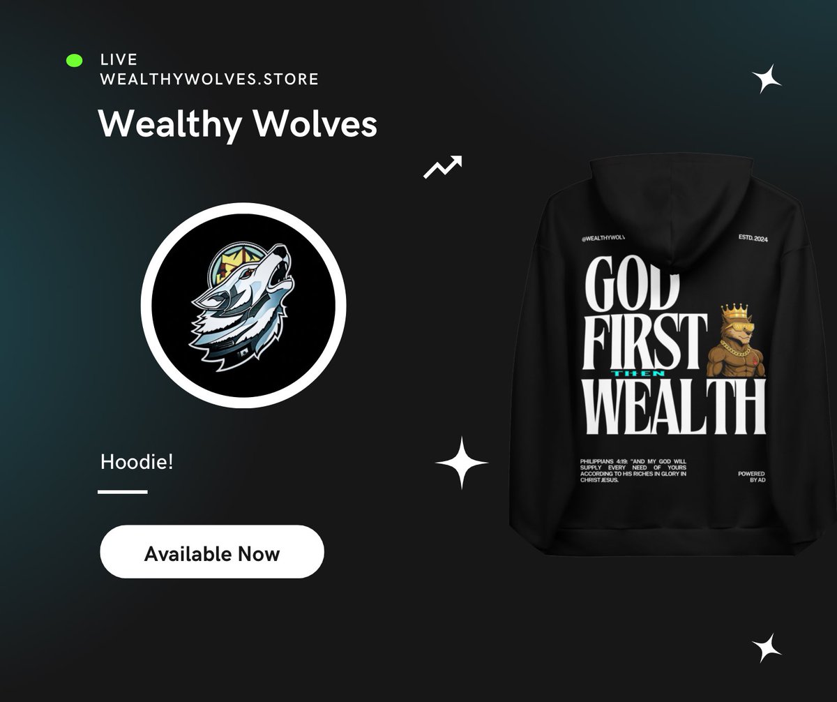 We’re closing out this first wave with a powerful drop — brought to you by WealthyWolves.store 🤝

Introducing the Wealthy Wolves Hoodie
“God First, Then Wealth” — a bold message for the mission-driven 🐺👑

🛒 Limited drop
✝️ Faith-inspired design
💰 Built for kings of the
