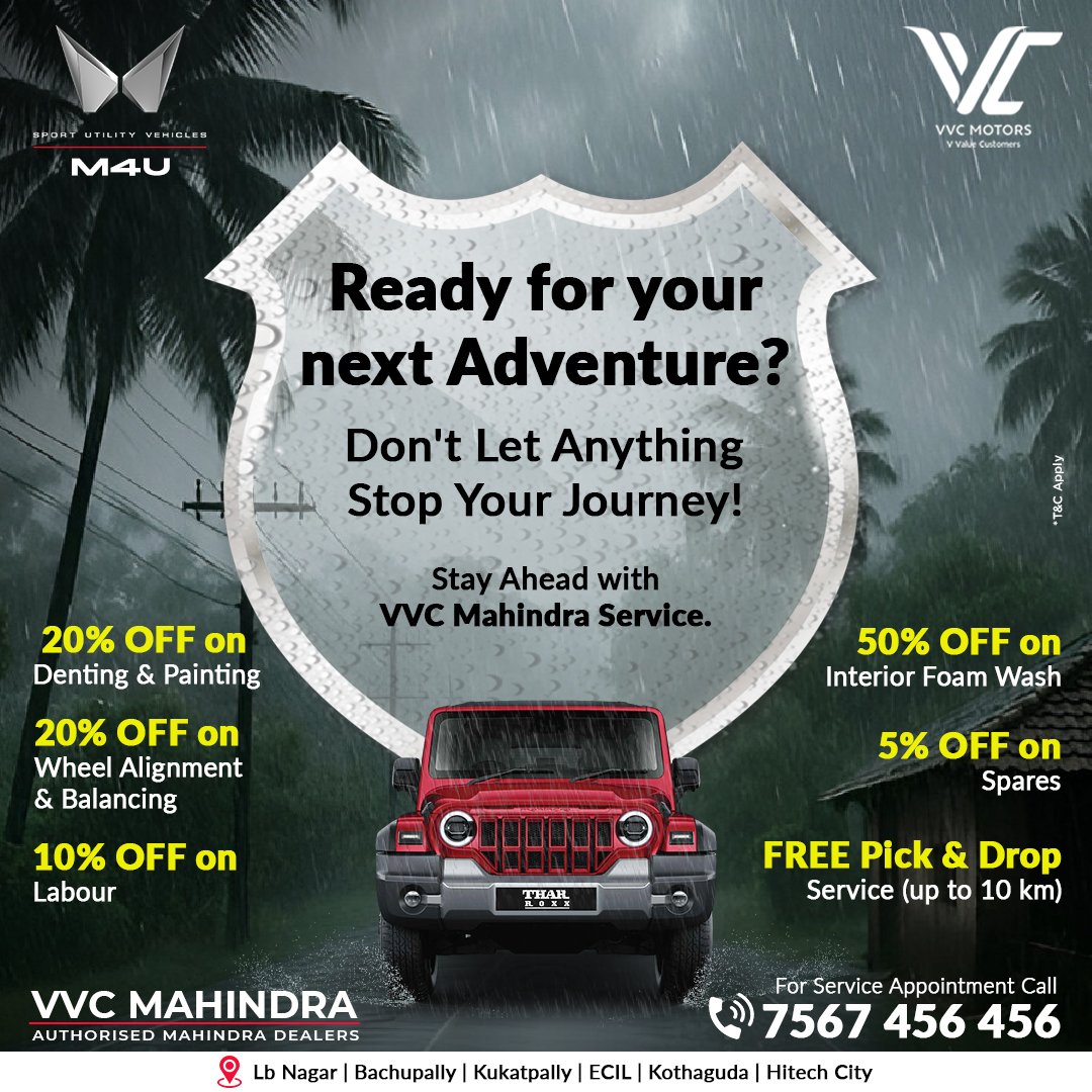 vvc_mahindra's tweet image. 🌧️ Monsoon roads call for bold drives — is your Mahindra ready?
Don’t let unexpected breakdowns pause your plans. Get it serviced at #VVCMahindra &amp;amp; keep every journey smooth &amp;amp; safe!

Call now: 7567456456

#MonsoonDrive #MahindraService #MahindraCare #MahindraCars #MonsoonCarCare