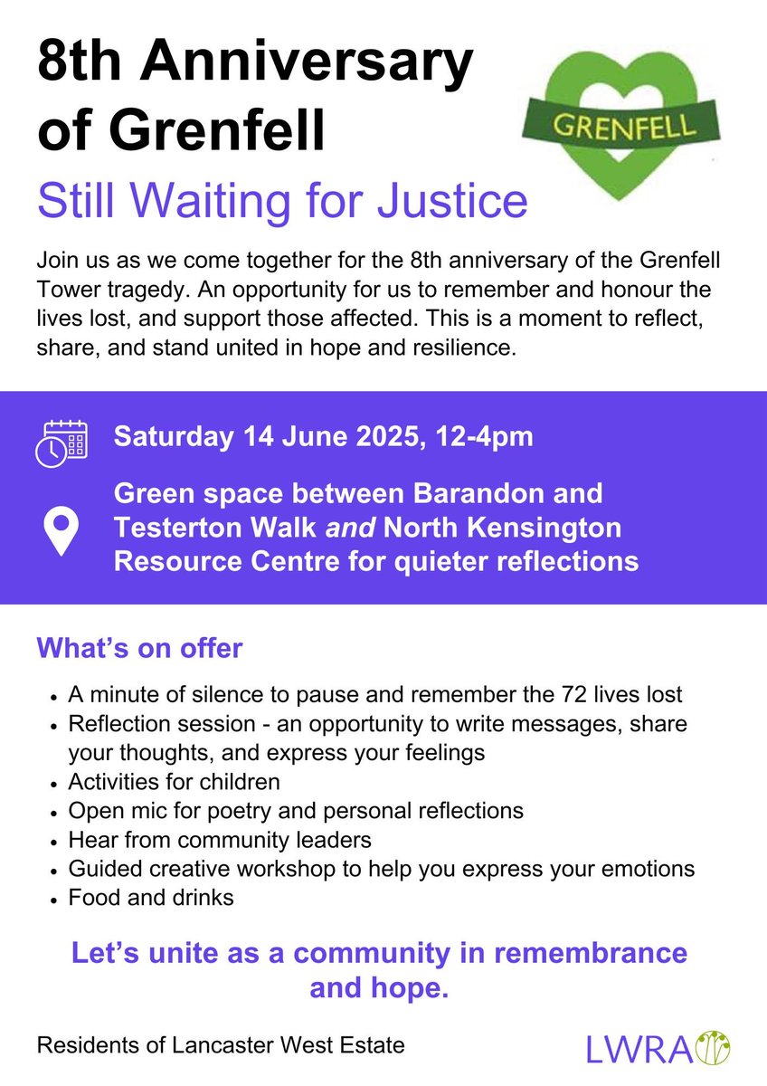 Today we remember those we lost 8 years ago.  Never forgotten as we still fight for justice 💚 #grenfell #lancasterwest #justiceforgrenfell #foreverinourhearts