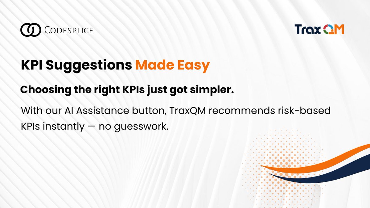 Codesplice Ltd (@codespliceltd) on Twitter photo KPI Suggestions Made Easy
π Choosing the right KPIs just got simpler.
With our AI Assistance button, TraxQM recommends risk-based KPIs instantly β no guesswork.
traxqm.com KPI Suggestions Made Easy
π Choosing the right KPIs just got simpler.
With our AI Assistance button, TraxQM recommends risk-based KPIs instantly β no guesswork.
traxqm.com