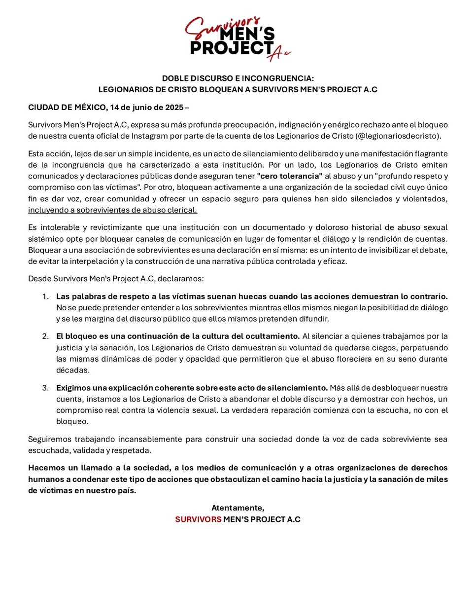 SMP_AC's tweet image. 🔴COMUNICADO🔴
La verdadera reparación comienza con la escucha, no con el bloqueo. @LegiondeCristo
➡️Seguiremos trabajando incansablemente para construir una sociedad donde la voz de cada sobreviviente sea escuchada, validada y respetada.
#LegionarioDeCristo
#Legionarios
#Abusos