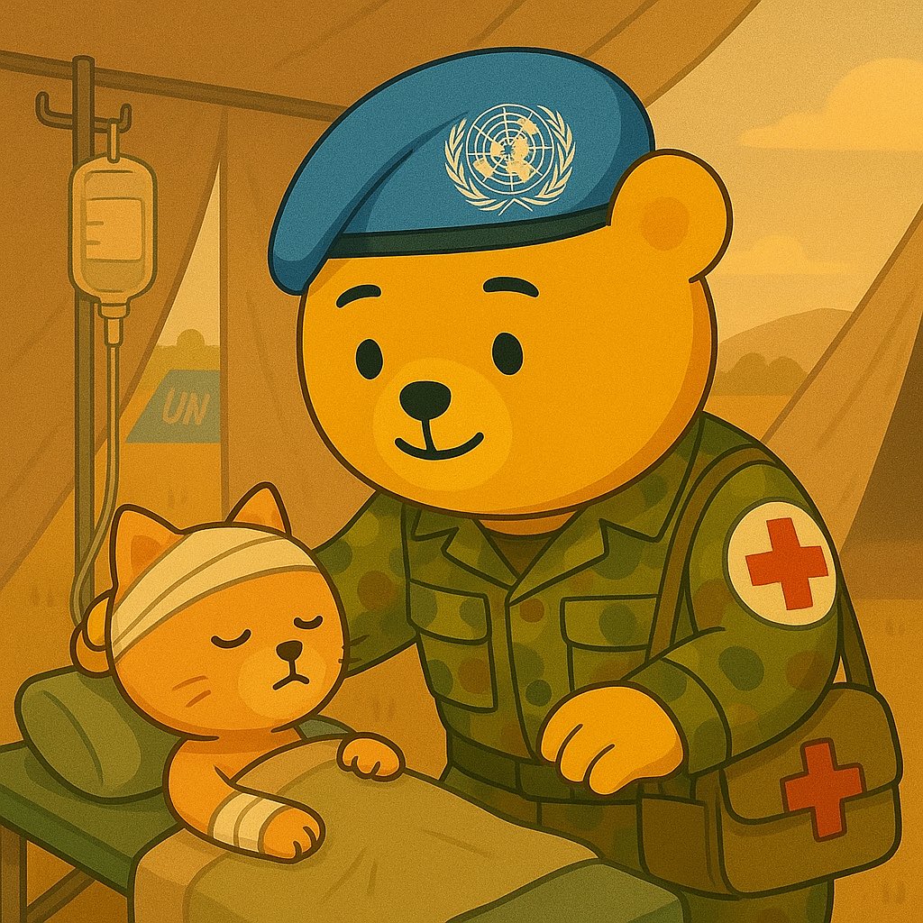 🇺🇳🐻 We are not born to fight, but to care for one another.

The #PeaceBear is tenderly treating the injured baby cat. Despite their different species, love knows no boundaries.
#PeaceForAll #UNBear #StopTheWar