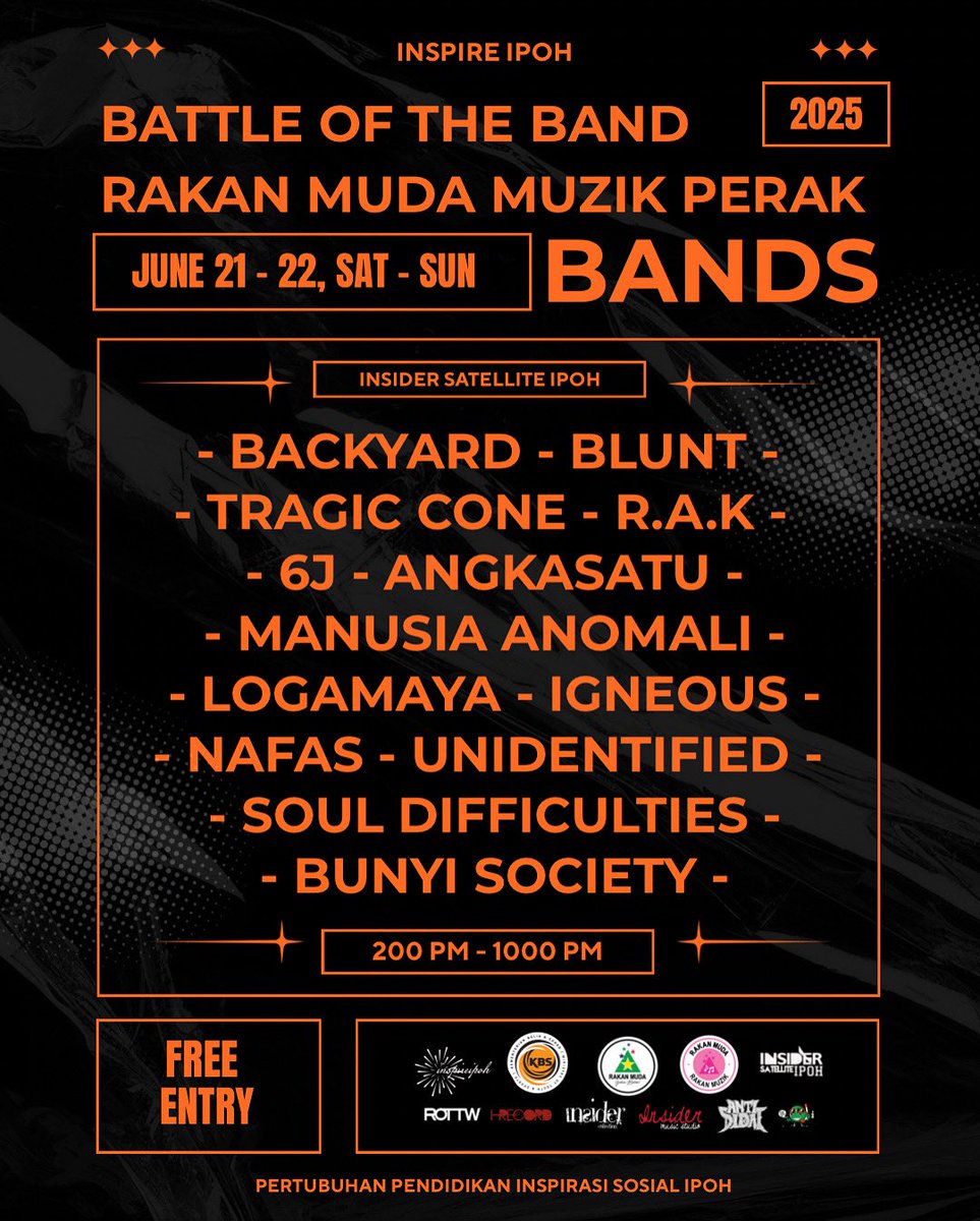 irecord5's tweet photo. BATTLE OF THE BAND RAKAN MUDA MUZIK PERAK 2025

Insider Satellite Ipoh
21 Jun 2025, Sabtu - Peringkat Saringan
22 Jun 2025, Ahad - Peringkat Akhir
2.00 petang – 10.00 malam
Masuk adalah PERCUMA

Saksikan kemunculan kumpulan muzik anak muda berentap di pentas secara langsung. https://t.co/77bFagLG6N
