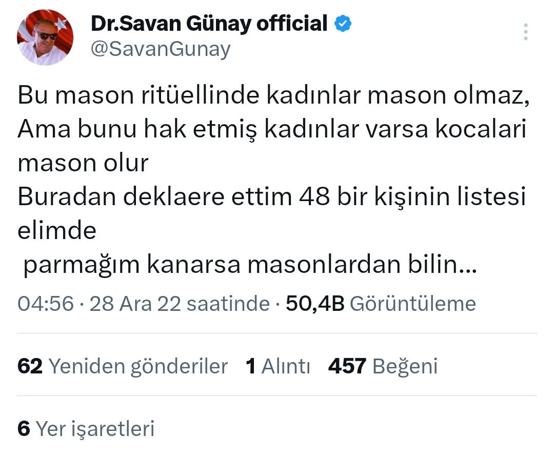 Savan Günay(yıl 2022):
1️⃣Kimlerin mason olduğunu bilseniz küçük dilinizi yutarsınız.

2️⃣ 48 bin MASON'un ismi elimde.

3️⃣PARMAĞIN KANARSA MASONLARDAN BİLİN.

4️⃣YIL 2025: SAVAN GÜNAY EVİNDE ÖLÜ BULUNDU.