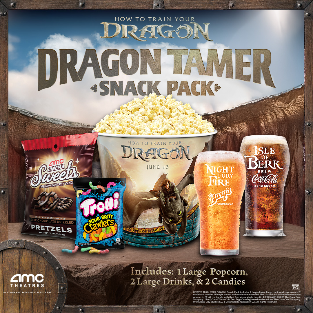 Conquer your craving with a Dragon Tamer Snack Pack: a large 🍿, two candies and two large 🥤. Try the Isle of Berk Brew with Coke Zero Lime and Peach or enjoy the orange-vanilla flavor of the AMC-exclusive Night Fury Fire.
Get your 🎟 in advance!
amc.film/4kJr2ce