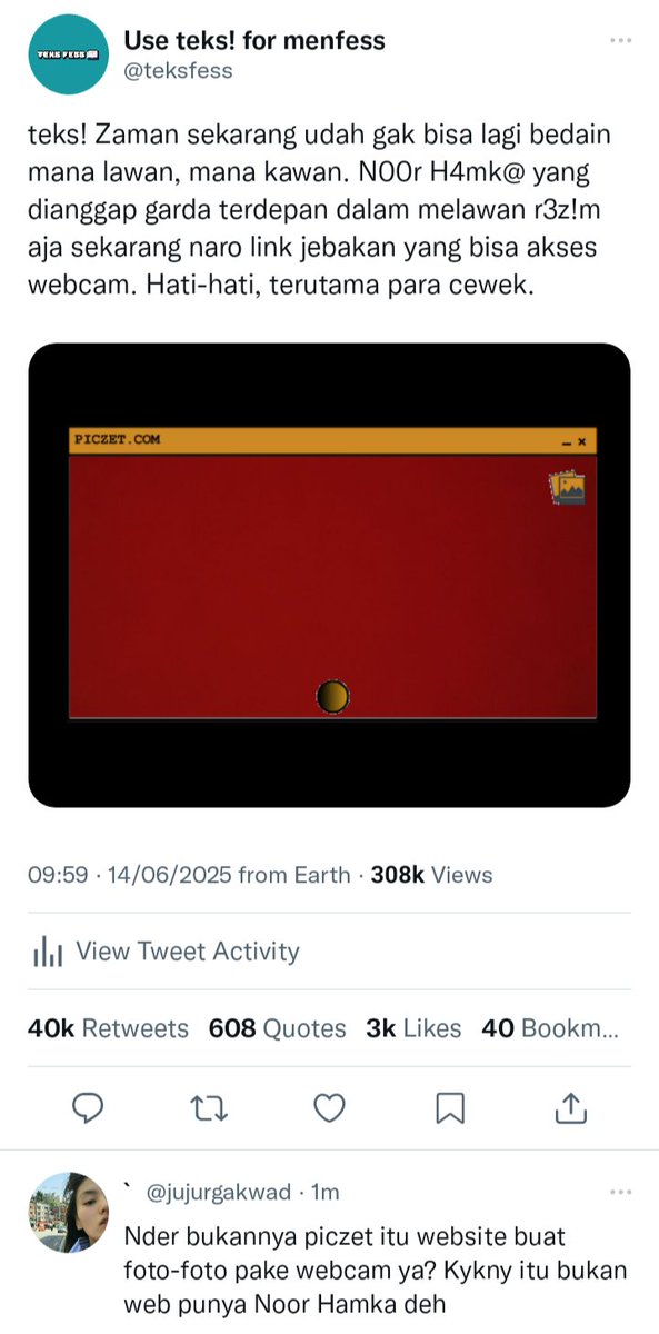 [ OPEN PROMPT ]
#NegeriHamka

Linimasa media sosial dibanjiri dengan cuitan perihal Noor Hamka dan jebakannya pada episode 2 SENSORIUM. Unggahan paling viral adalah cuitan dari sebuah akun m/e/n/f/e/s/s. Banyak yang terkejut atas kabar ini, tetapi terdapat satu komentar menarik.