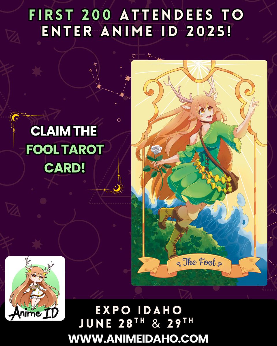 The start of a new Journey!

To get you started on your journey at Anime ID 2025 we wanted to let you know the first 200 attendees to enter the con will receive the Fool tarot card! 

Happy hunting and see you soon!

Tickets >>> animeidaho.com

#animeidcon