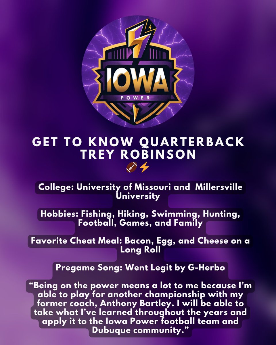 Iowa_Power's tweet image. Disciplined. Determined. Dedicated. Meet Trey, a true professional on and off the field.
#IowaPower #MeetTheTeam #ArenaFootball #IndoorAthlete #ProFootball #FootballFocus #PowerDriven #NextLevel