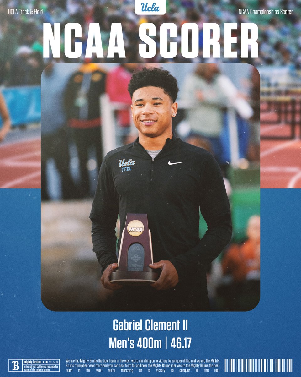 UCLATrack_Field's tweet photo. 𝐅𝐢𝐫𝐬𝐭 𝐓𝐞𝐚𝐦 𝐀𝐥𝐥-𝐀𝐦𝐞𝐫𝐢𝐜𝐚  

Gabriel Clement II secured All-America honors after finishing eighth in the 400m final with a time of 46.17 on Friday night!

He's the Bruins' highest finisher in that race at NCAAs since 2006.

#GoBruins https://t.co/7c5byJR8Zm