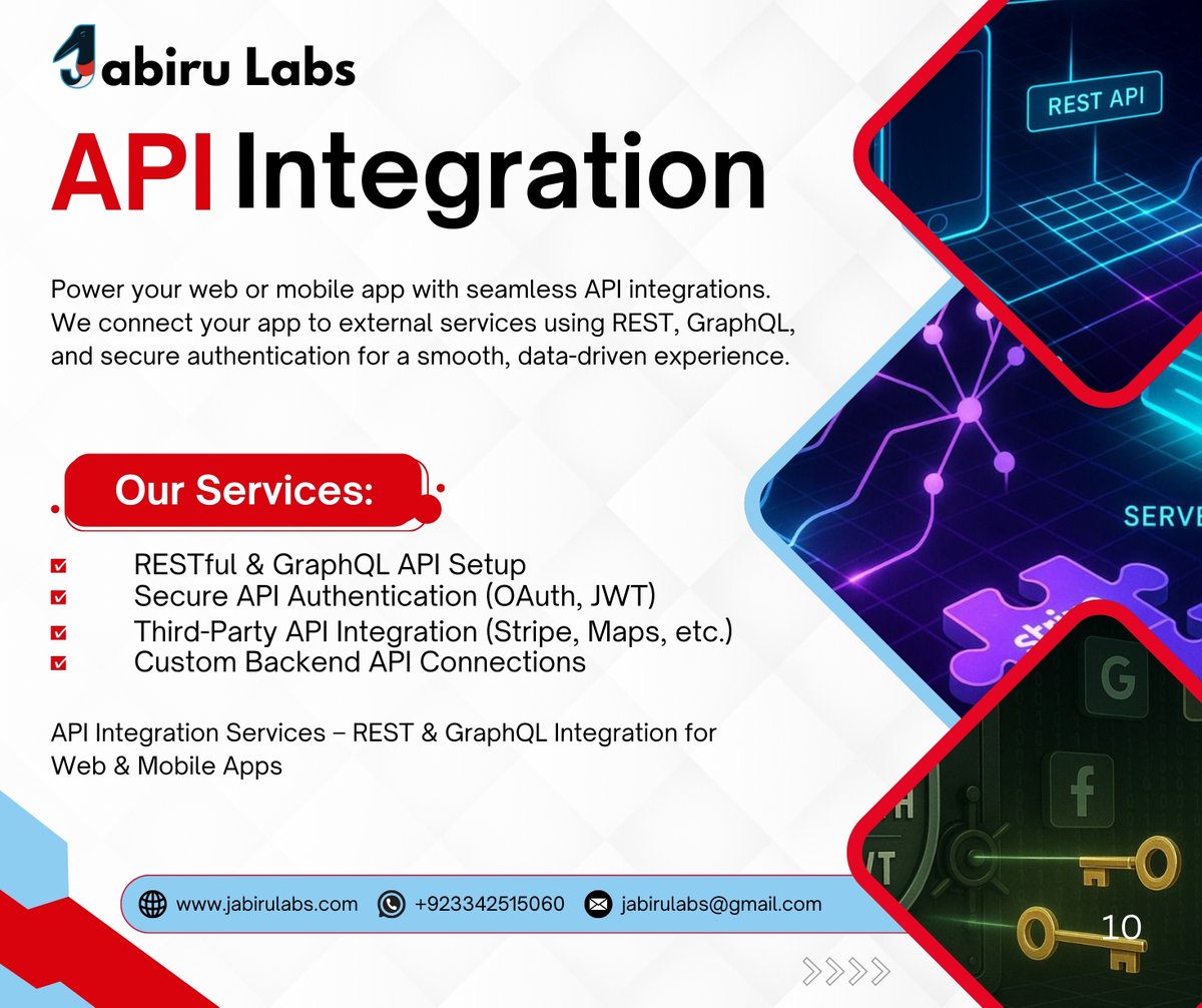 Jabirulabs's tweet image. 🚀Seamless API Integration by Jabiru Labs!
Supercharge your apps with fast, secure & scalable API solutions:
✅Rest/FastAPI
✅Payment Gateways(Stripe, PayPal)
✅CRM & 3rd-Party Integrations
✅Custom APIs & Automation
📍Bannu City|🌐jabirulabs.com
#API #DevSolutions