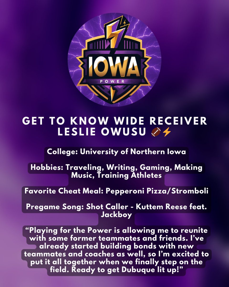Iowa_Power's tweet image. From the locker room to the lights — Leslie is bringing it every play. 🔥
#IowaPower #MeetTheSquad #ArenaIntensity #FootballFocus #PowerPlays #DubuqueIA #GridironGoals #GameTime #NextUp