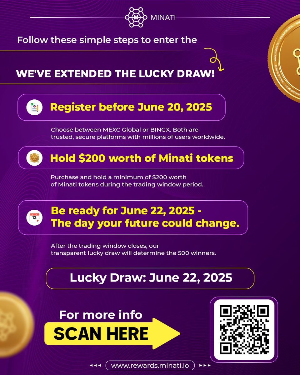 Minati (@minatifi) on Twitter photo Entering the MinatiVerse Lucky Drawπ° is simple:
1οΈβ£ Register on MEXC Global or BINX Exchange.
2οΈβ£ Hold $200 worth of Minati tokens. π°
3οΈβ£ Be ready for June 22, 2025 β the day your future could change. β¨
The transparent lucky draw will select 500 winners. Donβt missπ€© out on this Entering the MinatiVerse Lucky Drawπ° is simple:
1οΈβ£ Register on MEXC Global or BINX Exchange.
2οΈβ£ Hold $200 worth of Minati tokens. π°
3οΈβ£ Be ready for June 22, 2025 β the day your future could change. β¨
The transparent lucky draw will select 500 winners. Donβt missπ€© out on this