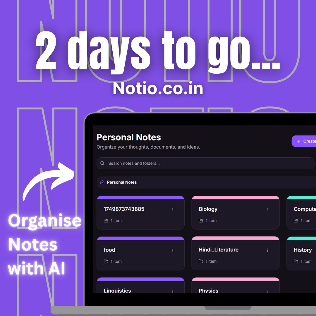aryfinance's tweet photo. 2 days to go...
Notio is launching this June 16.
🧠 Organize your study notes with AI
⚡️ Built for students
💻 Clean, fast, helpful.
This is your all-in-one notes space.
👉 https://t.co/BorgPJJzIx
#buildinpublic #Notio #EdTech #StudentStartup #AItools #SaaSlaunch https://t.co/VZ16UfluQK