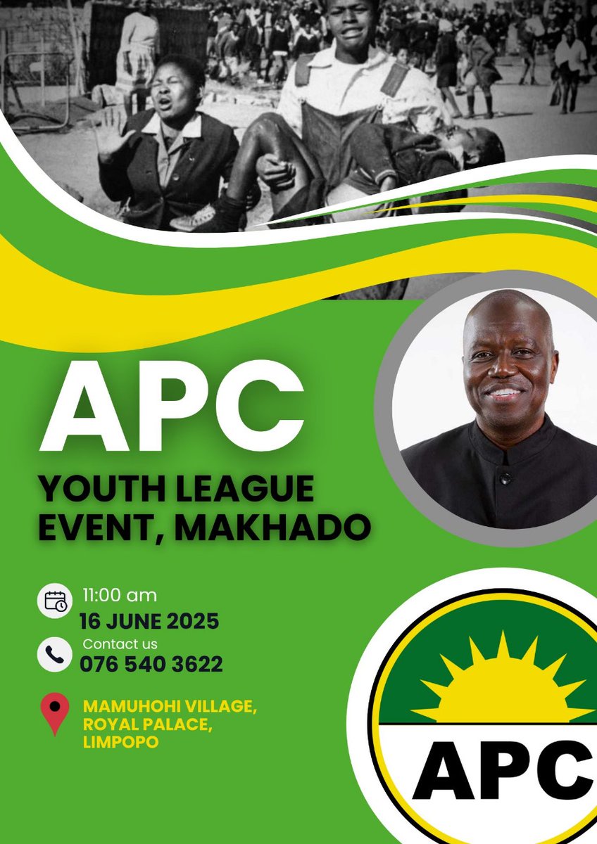 APC will be commemorating the Youth of 1976 who paid the ultimate price for the liberation of the people from apartheid regime

Today we advance a struggle against neocolonialism that seek to offset th sacrifice made by the Youth

All youth are invited to show solidarity with us