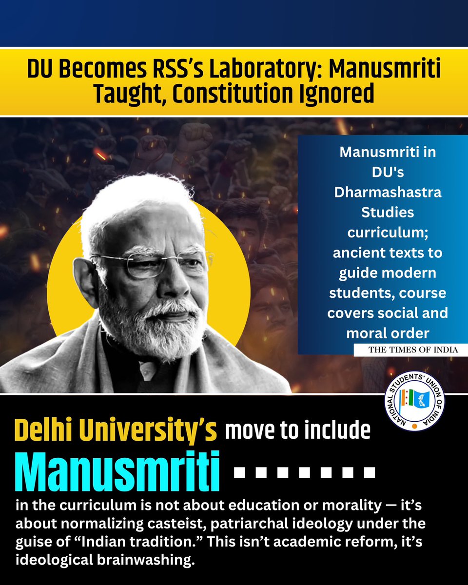 While the students of India demand scientific education and progressive values, Delhi University is busy pushing regressive texts like Manusmriti into the syllabus. This isn’t about learning—it’s about legitimizing a toxic ideology rooted in caste and patriarchy.

Is DU now an
