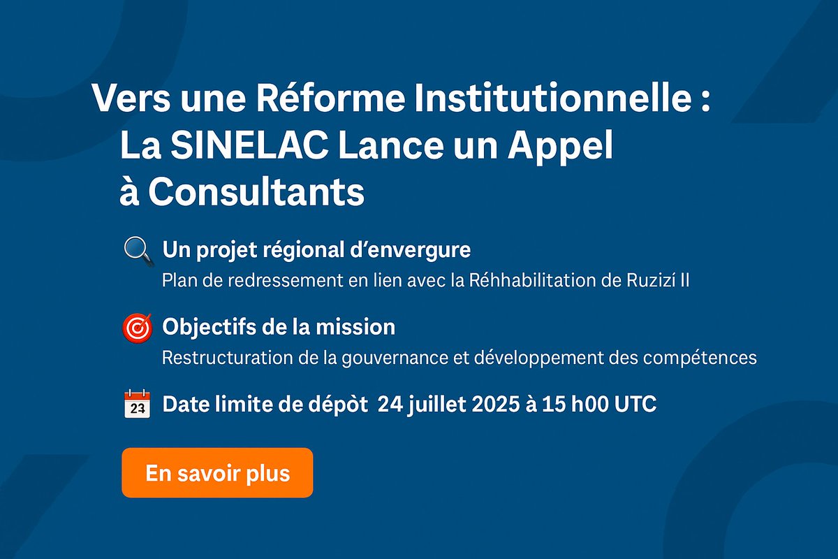 🔔 Appel à consultants !
La SINELAC engage une réforme institutionnelle majeure avec l'appui  de la <a href="/KfW/">KfW Bankengruppe</a>.
Vous êtes un cabinet qualifié ? Découvrez les détails de la préqualification ici 👇
🔗 sinelac.org/vers-une-refor…
#Consulting #Énergie #RDC #Rwanda #Burundi #sinelac #CEPGL