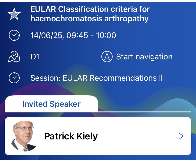 Sim_Orizon's tweet image. 📢Don’t miss the presentation of the brand-new EULAR Classification Criteria for Haemochromatosis Arthropathy!
🗓️June 14,09:45–10:00
📍Room D1 | Session: EULAR Recommendations II
🎙️Speaker:Patrick Kiely
#EULAR2025 #Rheumatology #Haemochromatosis #Arthropathy #EULARRecommendations