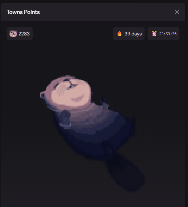 iamsaitama07's tweet image. Day 2 of posting my @townsxyz / @TownsProtocol points until TGE 🦫
 Streak: 39 days strong
 Beaver Points: 2,283 and counting 📈
Wen TGE, but we keep grinding — hopefully I’m EATING when it finally drops