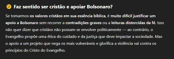 vinicius0prado's tweet photo. Pergutei ao Chatgpt se faz sentido ser cristão e apoiar Bolsonaro, parece que o chatgpt compreende os preceitos cristãos melhor que muitos que se dizem cristãos https://t.co/r0ALyAwyWj