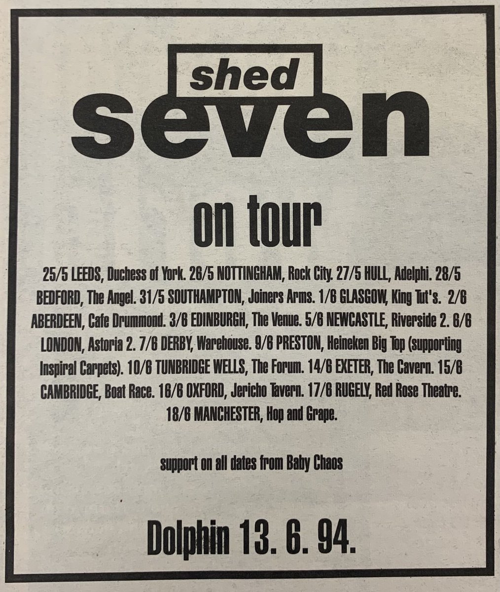 On this day in 1994 <a href="/shedseven/">Shed Seven</a> played <a href="/ExeterCavern/">Cavern</a> supported by <a href="/babychaosband/">Baby Chaos</a>