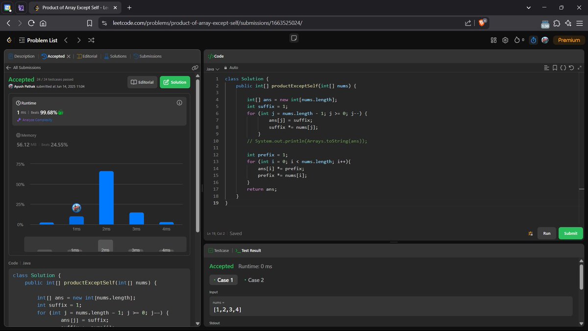 Day 44 of DSA Using Java 🚀

Solved Problem on Arrays on Leetcode :       
238. Product of Array Except Self

leetcode.com/u/ayushpathak4…  

#DSAWithKunal #60DaysOfDSA #CodingCommunity #BuildInPublic #Java