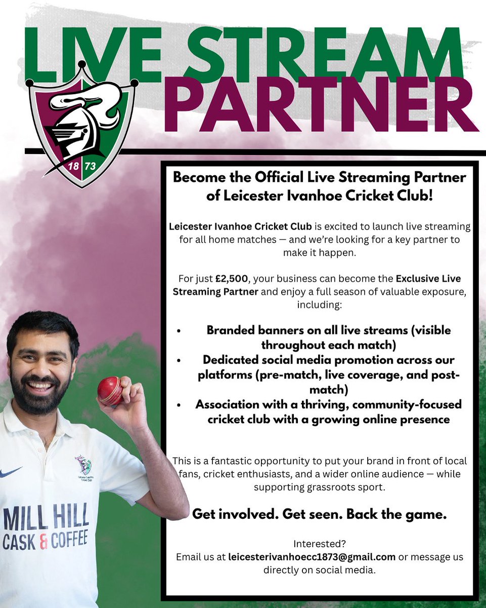 Leicester Ivanhoe (@ivanhoecc) on Twitter photo ๐ฅ Weโre going LIVE โ and your brand can join us! ๐
Leicester Ivanhoe CC is launching home match livestreams & seeking an Official Partner.
๐ท ยฃ2,500 gets:
โ
Banner on streams
โ
Social media coverage
โ
Big local exposure
๐ฉ leicesterivanhoecc1873@gmail.com ๐ฅ Weโre going LIVE โ and your brand can join us! ๐
Leicester Ivanhoe CC is launching home match livestreams & seeking an Official Partner.
๐ท ยฃ2,500 gets:
โ
Banner on streams
โ
Social media coverage
โ
Big local exposure
๐ฉ leicesterivanhoecc1873@gmail.com