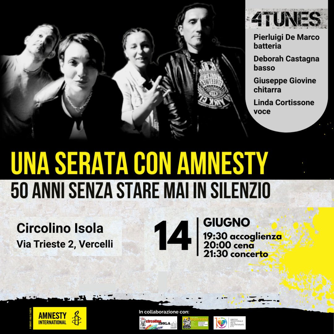 Da cinquant'anni mai in silenzio.  
Vi aspettiamo al Circolino Isola di #Vercelli per una serata con <a href="/amnesty/">Amnesty International</a>
Sold out per la cena ma è possibile assistere al concerto. Entrata libera a partire dalle ore 21:25
<a href="/amnestyitalia/">Amnesty Italia</a> <a href="/AmnestyPiemonte/">Amnesty International - Piemonte VdA</a> <a href="/RCAmnestyPieVdA/">Luca Andreani</a>