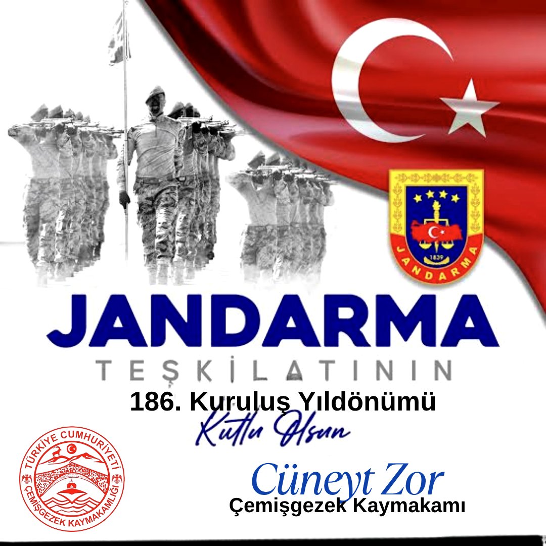 Çemişgezek Kaymakamlığı (@cemisgezekg) on Twitter photo Jandarma Teşkilatımızın 186. kuruluş yıldönümünü kutluyor, kahraman şehitlerimizi rahmetle, gazilerimizi minnetle anıyorum. Halen görevde bulunan teşkilat mensuplarına da sağlık, mutluluk ve başarılar diliyorum.
Cüneyt Zor/ #Çemişgezek Kaymakamı
<a href="/cuneytzor/">Cüneyt Zor</a> Jandarma Teşkilatımızın 186. kuruluş yıldönümünü kutluyor, kahraman şehitlerimizi rahmetle, gazilerimizi minnetle anıyorum. Halen görevde bulunan teşkilat mensuplarına da sağlık, mutluluk ve başarılar diliyorum.
Cüneyt Zor/ #Çemişgezek Kaymakamı
<a href="/cuneytzor/">Cüneyt Zor</a>