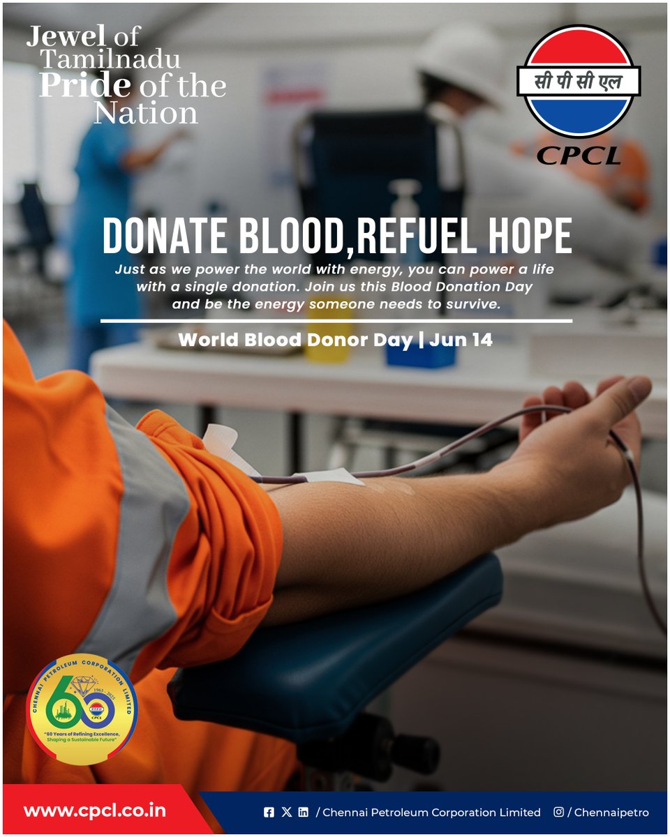 World Blood Donor Day!
A simple act like donating blood can help save someone’s tomorrow. Let’s inspire kindness and stand together for a healthier world.

#WorldBloodDonorDay #CPCL #DonateBlood #ChennaiPetro