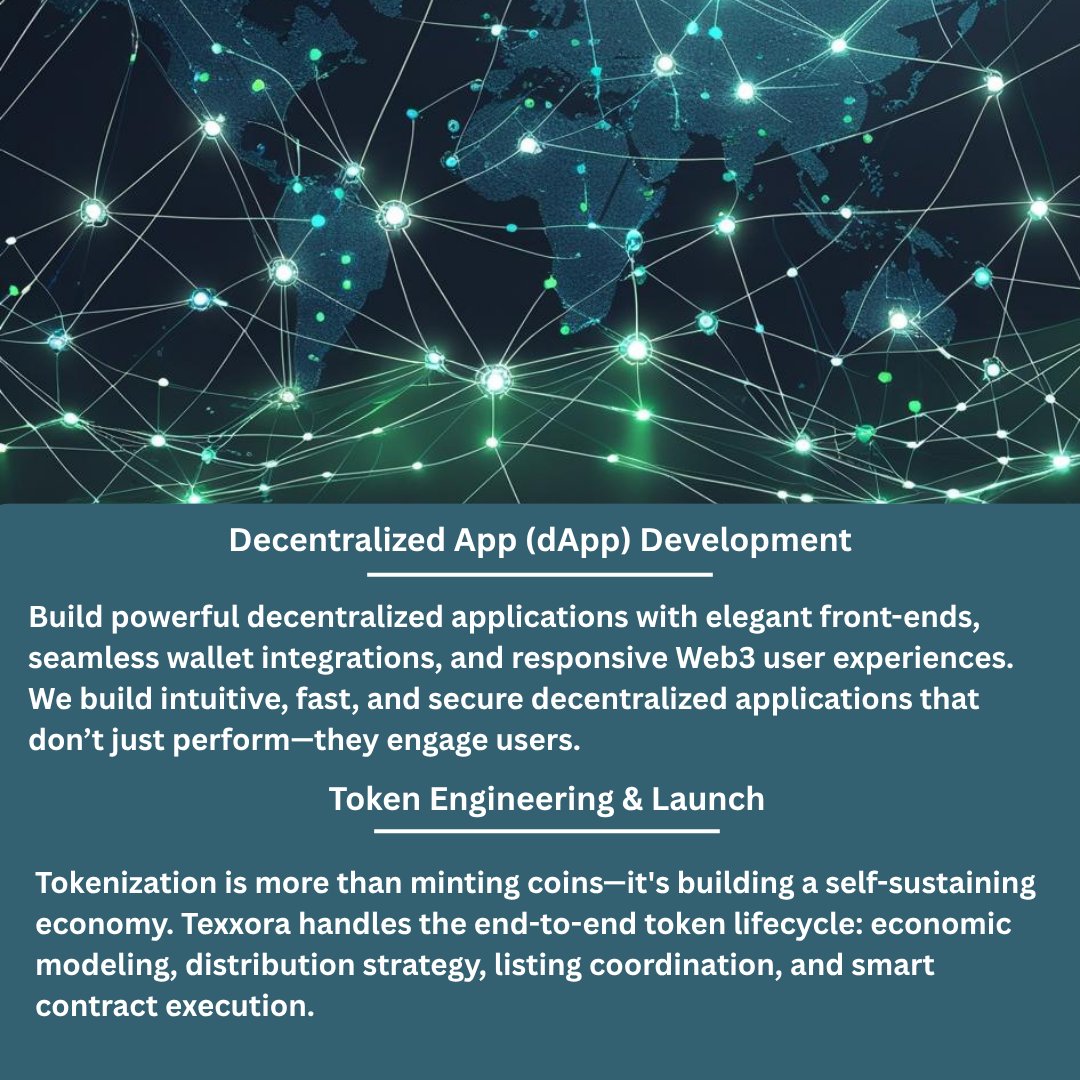 TexXxora's tweet photo. Decentralized App Development.
Token engineering and launch. https://t.co/QjZ5arTB5d