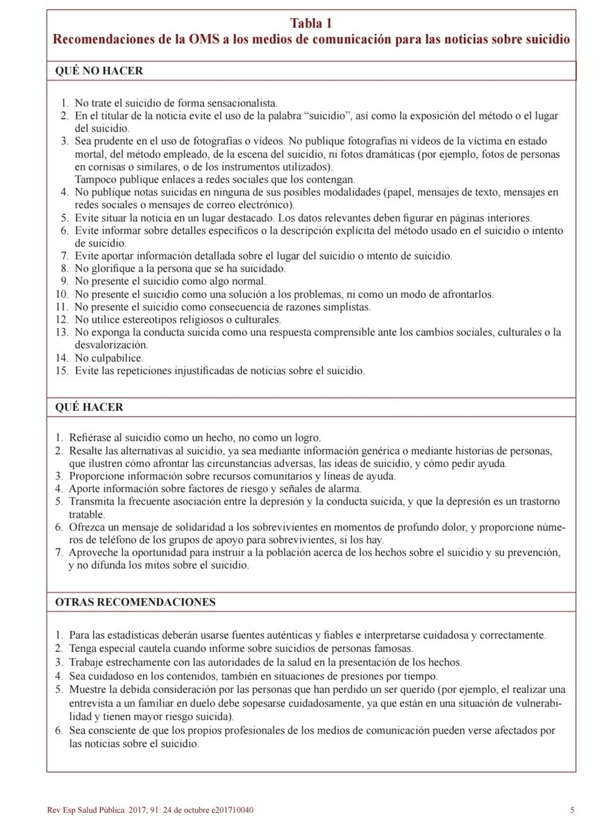 Aqui les dejo las recomendaciones de la OMS a los medios de comunicación para las noticias sobre el suicidio (Que ya llevan rato). Salió porque hay evidencia de fenómeno de contagio en incremento de la suicidabilidad por la errónea difusión de medios digitales: EFECTO WHERTER.