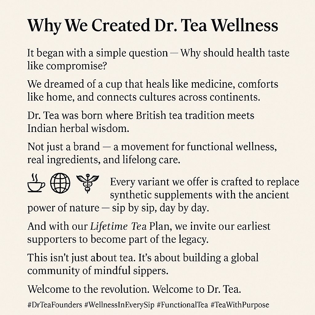 drteawellness's tweet image. One dream. One cup.
Lifetime wellness begins here.
#DrTeaWellness #FunctionalTea #TeaRevolution #drtea