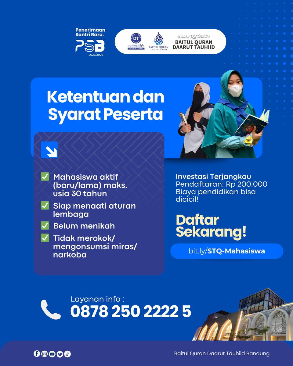 Pergaulan lebih terjaga, ruhiyah terbangun, hafalan Quran pun jalan bareng kuliahmu!
📍 𝗦𝗧𝗤 𝗠𝗮𝗵𝗮𝘀𝗶𝘀𝘄𝗮 hadir sebagai solusi untuk kamu yang ingin jadi versi terbaikmu .
🌐 Daftar sekarang di:
bit.ly/STQ-Mahasiswa
📲 Info: 0878 250 2222 5