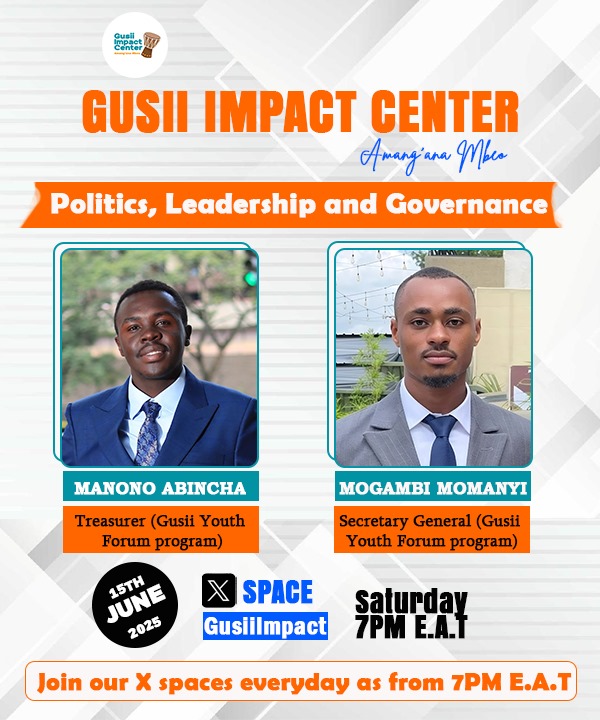 zeddy (@zeddykess) on Twitter photo Tonight at 8PM in partnership with <a href="/GusiiImpact/">Gusii Impact Center</a> .
Politics, Leadership & Governance.
<a href="/ManonoAbincha/">Manono 046🇰🇪</a> <a href="/mangaboMomanyi/">Mogambi Momanyi Llb</a> <a href="/gorffly254/">Gorffly mokua🇰🇪</a> <a href="/chibekamatara/">chibekamatara🇰🇪</a> <a href="/MStetchy/">Marion Stetchy</a> <a href="/nyamotakeoro/">BrianNyamota</a> @ Boaz Tonight at 8PM in partnership with <a href="/GusiiImpact/">Gusii Impact Center</a> .
Politics, Leadership & Governance.
<a href="/ManonoAbincha/">Manono 046🇰🇪</a> <a href="/mangaboMomanyi/">Mogambi Momanyi Llb</a> <a href="/gorffly254/">Gorffly mokua🇰🇪</a> <a href="/chibekamatara/">chibekamatara🇰🇪</a> <a href="/MStetchy/">Marion Stetchy</a> <a href="/nyamotakeoro/">BrianNyamota</a> @ Boaz