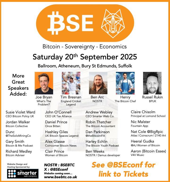 Bitcoin. Sovereignty. Economics. (@bseconf) on Twitter photo 🗓️ 14 weeks to go!
Bitcoin. Sovereignty. Economics.
an event by <a href="/BSEBTC/">Bury St Edmunds Bitcoin</a>.
📍<a href="/TheAthenaeumBSE/">TheAthenaeumBSE</a>
🗓️Saturday 20th September
🧭Bury St Edmunds.
Secure your ticket today!
Fiat accepted, Bitcoin preferred.
eventbrite.com/e/bse-bitcoin-… 🗓️ 14 weeks to go!
Bitcoin. Sovereignty. Economics.
an event by <a href="/BSEBTC/">Bury St Edmunds Bitcoin</a>.
📍<a href="/TheAthenaeumBSE/">TheAthenaeumBSE</a>
🗓️Saturday 20th September
🧭Bury St Edmunds.
Secure your ticket today!
Fiat accepted, Bitcoin preferred.
eventbrite.com/e/bse-bitcoin-…