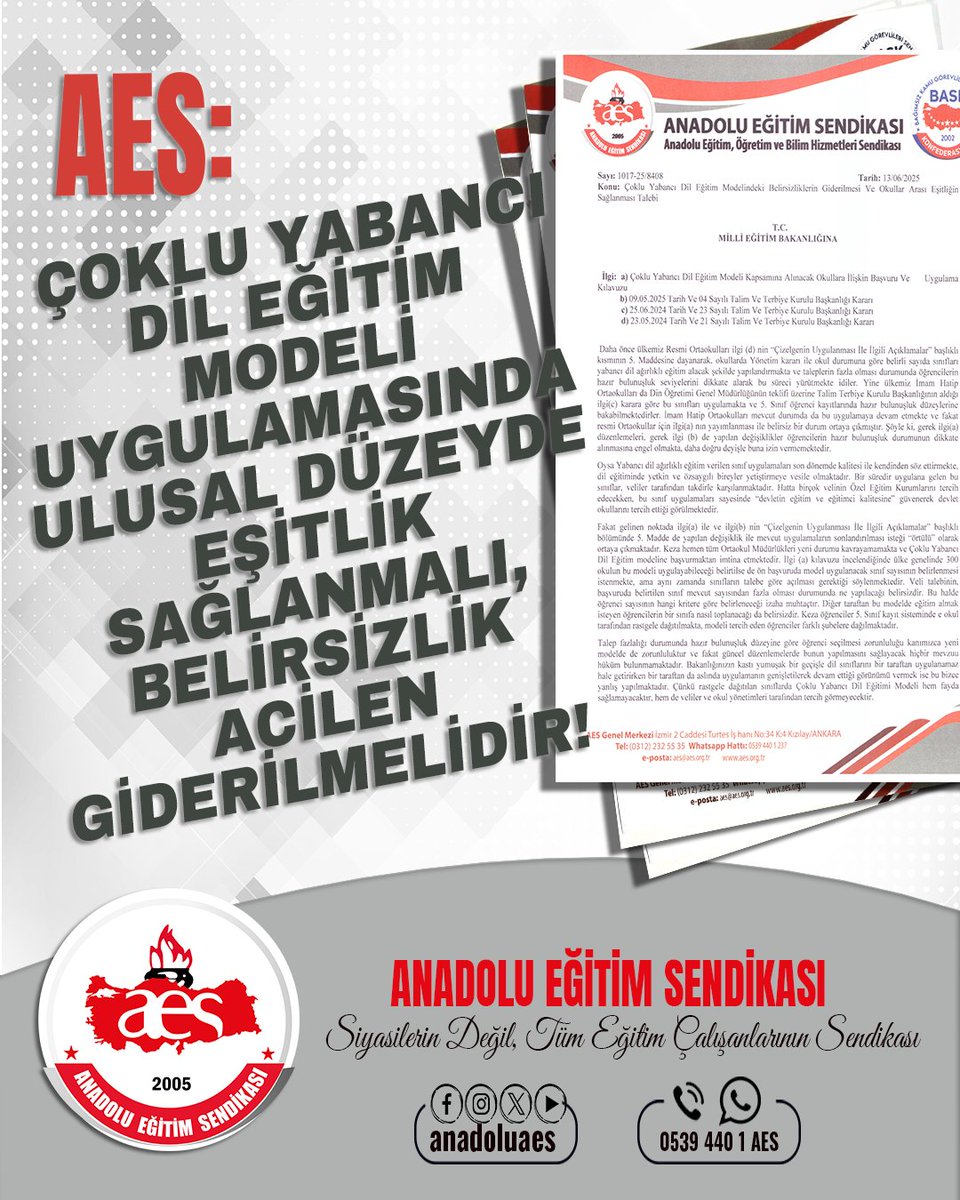 AES: ÇOKLU YABANCI DİL EĞİTİM MODELİ UYGULAMASINDA ULUSAL DÜZEYDE EŞİTLİK SAĞLANMALI, BELİRSİZLİK ACİLEN GİDERİLMELİDİR!

            Milli Eğitim Bakanlığı Temel Eğitim Genel Müdürlüğü tarafından 30.05.2025 tarihinde “Çoklu Yabancı Dil Eğitim Modeli Kapsamına Alınacak Okullara