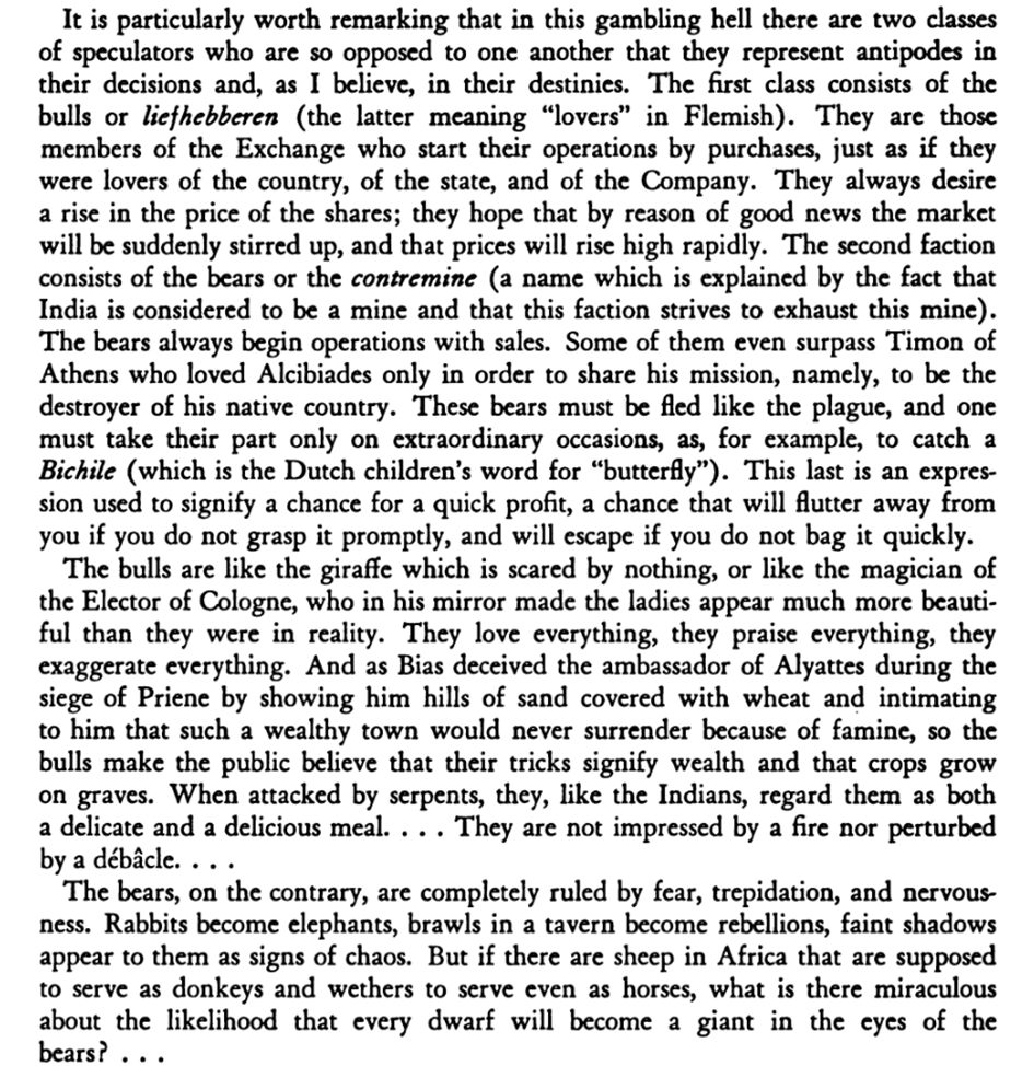 minus1_12's tweet image. Confusion de Confusiones was written in 1688.
"two classes of speculators in this gambling hell"
Its depiction of bulls vs bears is still so accurate.