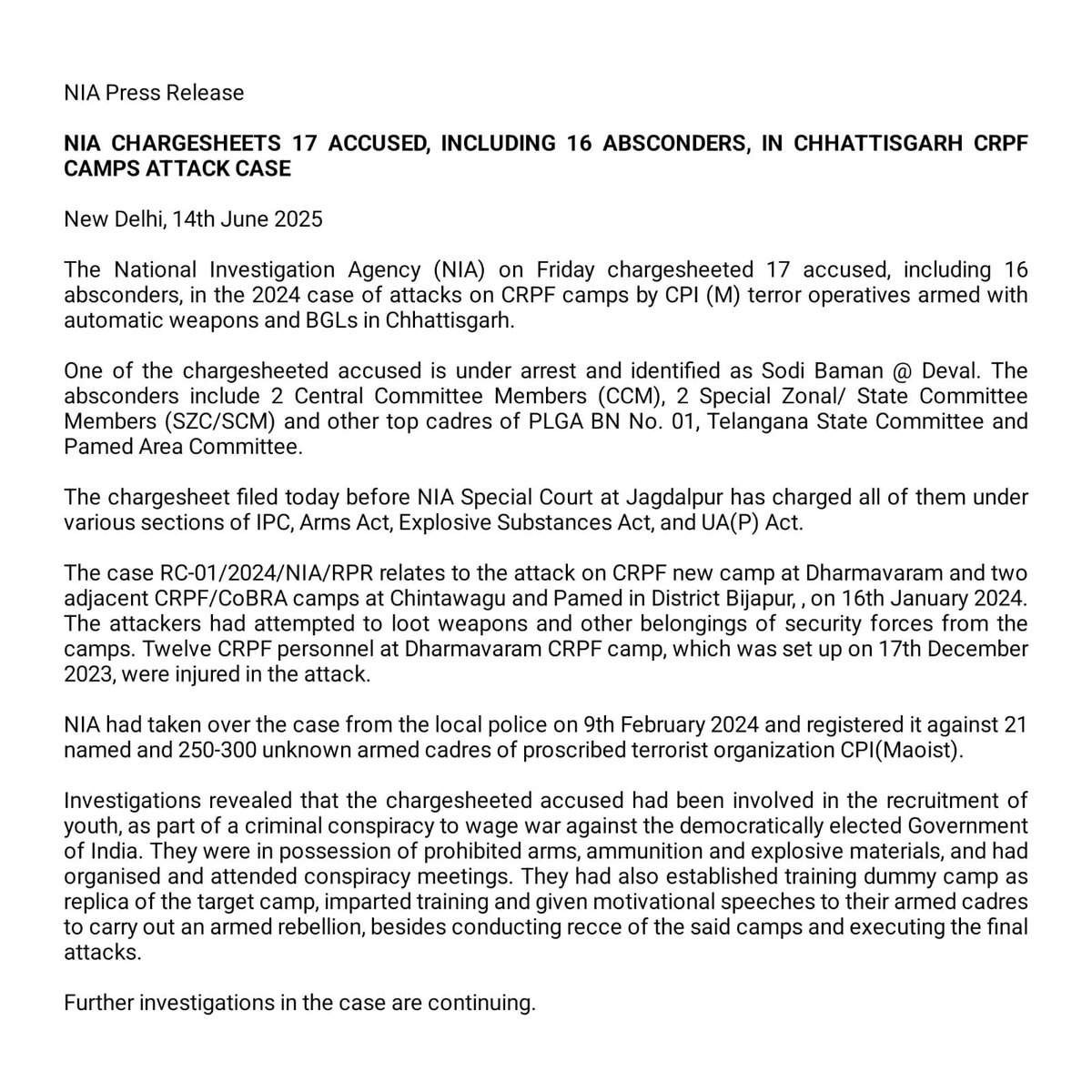 NIA Chargesheets 17 Accused including 16 Absconders, in Chhattisgarh CRPF Camps Attack Case