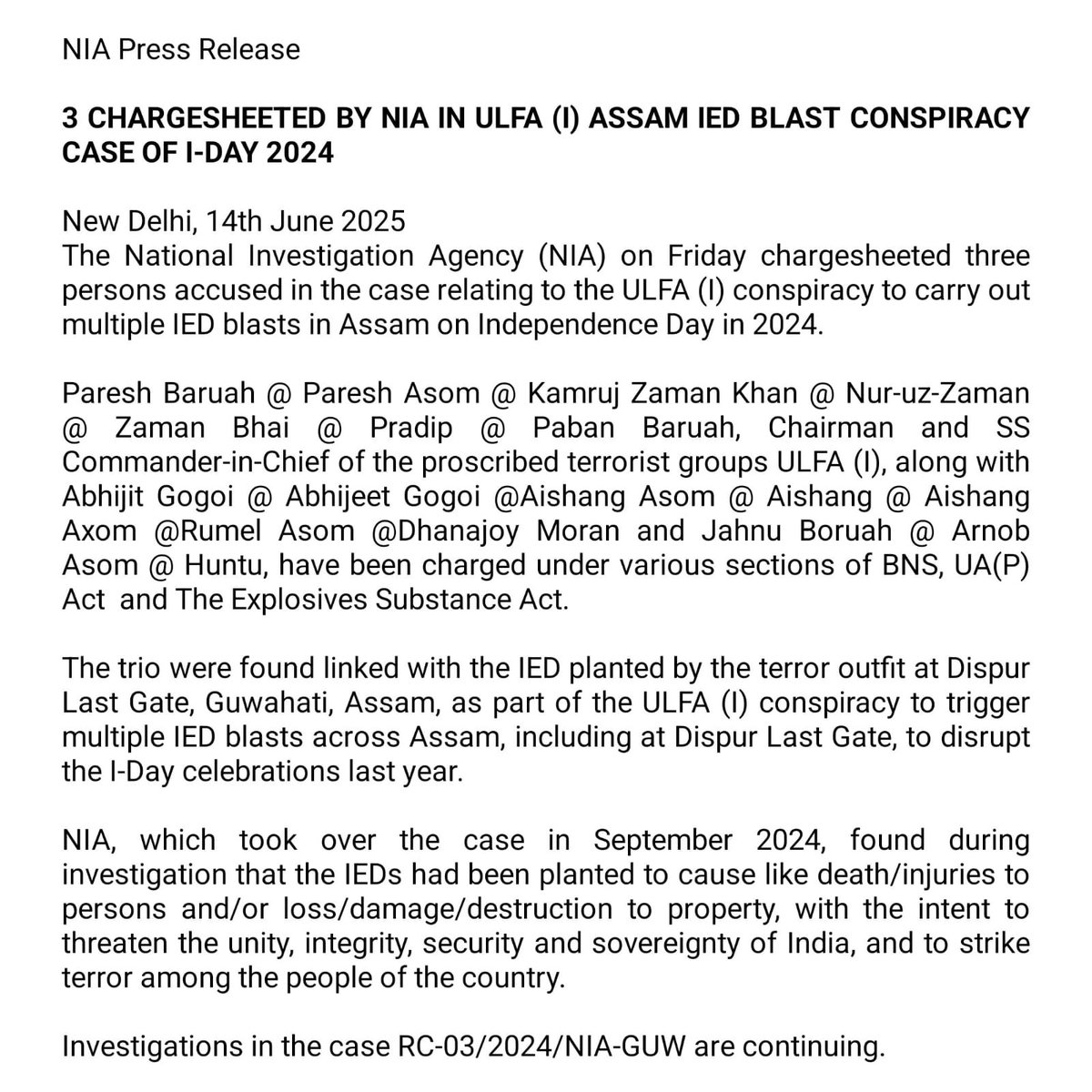 3 Chargesheets by NIA in ULFA (I) Assam IED Blast Conspiracy Case of I-Day 2024