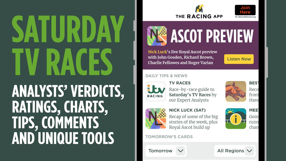 📺Saturday TV Races📺
Eight meetings today in the UK and Ireland with seven races on ITV from Sandown, York and Chester. Don't miss our analysts' predictions, ratings, horse-by-horse comments, tips and tools...  
theracingapp.co.uk