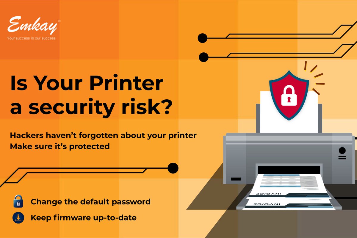 EmkayGlobal's tweet image. 🖨️ Your printer could be the weakest link in your security chain.
Hackers haven’t forgotten about it — have you?

🔐 Change the default password
🔄 Keep firmware up-to-date

✅ Protect your print, protect your data.
#CyberSecurity #PrintSmart #OfficeSecurity #EmkayCares