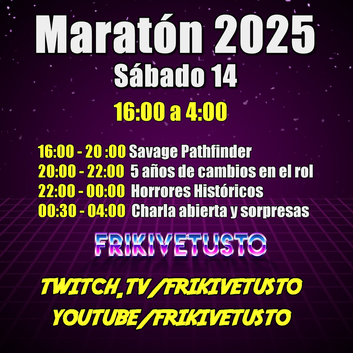 ¡Esto es HOY! Llega la #Maratón2025, la fiesta de los canales de <a href="/frikivetusto/">Friki Vetusto 🎙🎲🐲🎞️👾📖💻</a> Con un montón de contenido y sorpresas. ¡Esperamos vuestro apoyo, a partir de las 16:00, en los canales de #Twitch y #Youtube de <a href="/frikivetusto/">Friki Vetusto 🎙🎲🐲🎞️👾📖💻</a>! 🥳

👉 twitch.tv/frikivetusto
👉 youtube.com/@FrikiVetusto