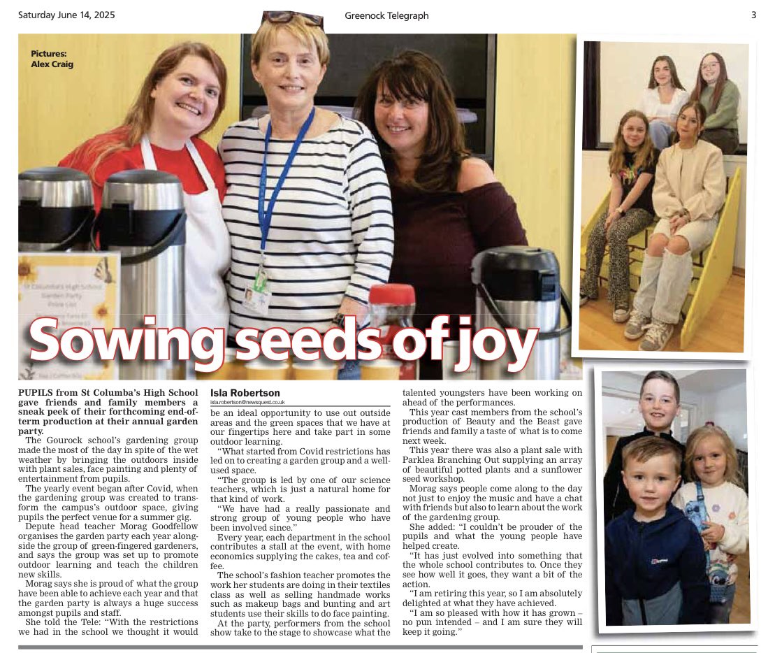 St.Columba's HS, Gourock (@_stcolumba) on Twitter photo Our recent Garden Party and ‘Gig in the Garden’ features in today’s <a href="/greenocktele/">Greenock Telegraph</a> 🪴 🎤 🧁👩🌾💫 Our recent Garden Party and ‘Gig in the Garden’ features in today’s <a href="/greenocktele/">Greenock Telegraph</a> 🪴 🎤 🧁👩🌾💫