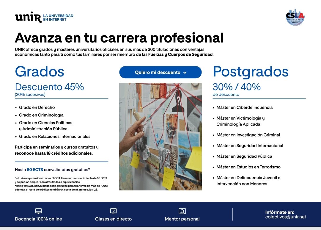 CSLA (@csla_esp) on Twitter photo Matricúlate en la <a href="/UNIRuniversidad/">Universidad Internacional de La Rioja (UNIR)</a> siendo afiliado a los sindicatos de CSLA y aprovecha estos descuentos en grados y postgrados.
<a href="/fepol_/">FEPOL</a> <a href="/CSL_Aragon/">CSL Aragón</a> Matricúlate en la <a href="/UNIRuniversidad/">Universidad Internacional de La Rioja (UNIR)</a> siendo afiliado a los sindicatos de CSLA y aprovecha estos descuentos en grados y postgrados.
<a href="/fepol_/">FEPOL</a> <a href="/CSL_Aragon/">CSL Aragón</a>