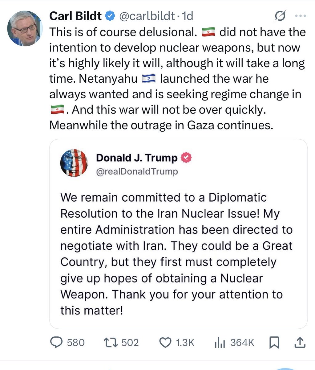 Finns det någon reporter därute som vill gräva i varför vi har svenska fd politiker som Carl Bildt som kramar en islamist-diktatur? En diktatur som mördar oliktänkande. 

Det måste handla om pengar. Investerar han i Iran?