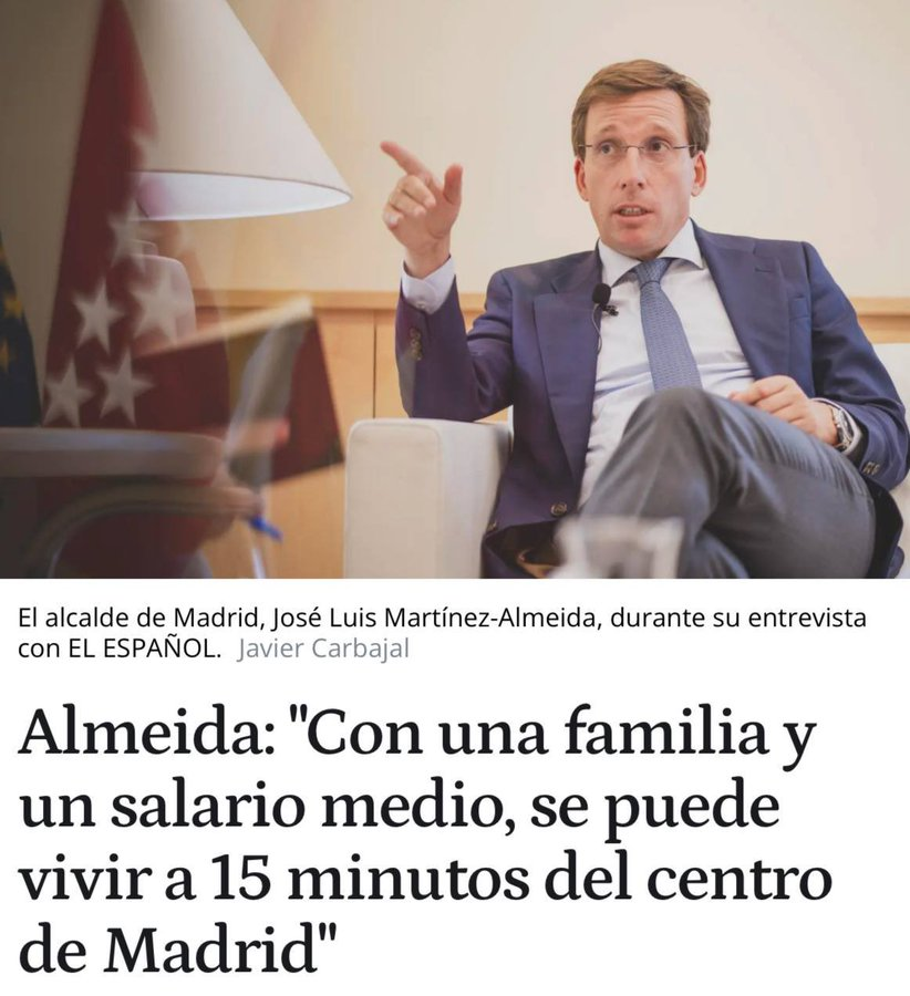 JulenBollain's tweet photo. El salario más frecuente en España es de 1.215€/mes (INE). Alquilar un piso de unos 80 m² en Madrid está en torno a los 1.600€/mes (Idealista).

Tú dirás, Almeida, pero no salen las cuentas. https://t.co/GRavCqWnyp