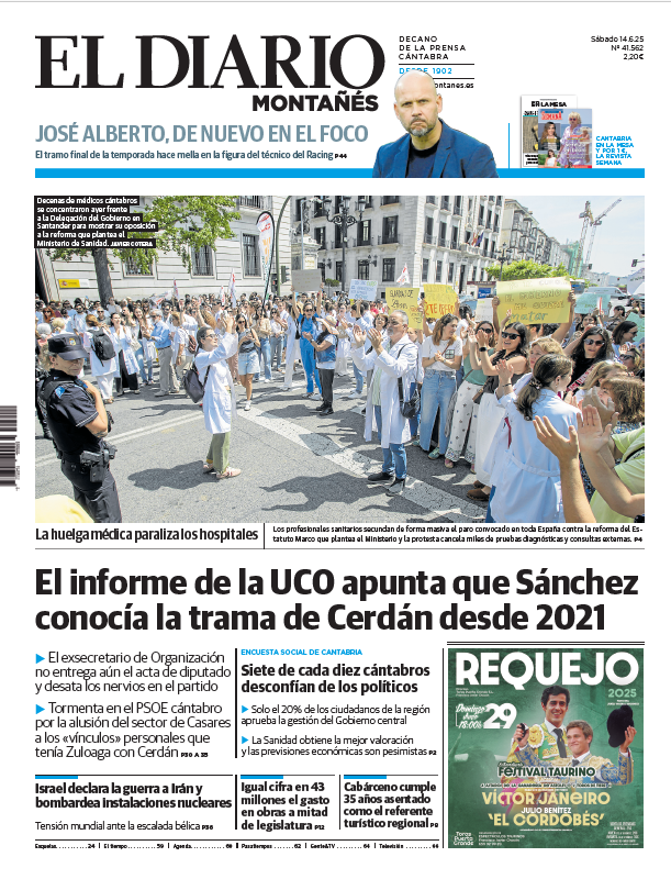 📰 Buenos días. Esta es nuestra portada de hoy, sábado, 14 de junio de 2025 #Santander #Cantabria leer.eldiariomontanes.es/81hdq392