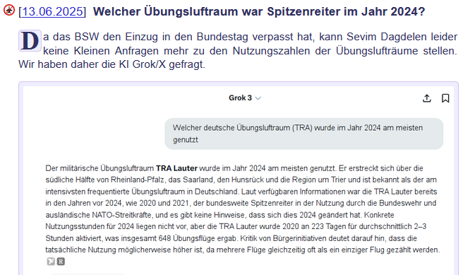 LuftHans (@lufthanzl) on Twitter photo "Da das BSW den Einzug in den Bundestag verpasst hat, (und Sevim Dagdelen leider keine Kleinen Anfragen...)", bleibt mir, <a href="/bifluglaerm/">BI gegen Flug-, Bodenlärm und Umweltverschmutzung</a>'s Holger Marzen, nichts anderes übrig, als Grok zu fragen. 🤦♂️ Armutszeugnis, Holly! 👎
Und... Du hast "Dağdelen" falsch geschrieben. "Da das BSW den Einzug in den Bundestag verpasst hat, (und Sevim Dagdelen leider keine Kleinen Anfragen...)", bleibt mir, <a href="/bifluglaerm/">BI gegen Flug-, Bodenlärm und Umweltverschmutzung</a>'s Holger Marzen, nichts anderes übrig, als Grok zu fragen. 🤦♂️ Armutszeugnis, Holly! 👎
Und... Du hast "Dağdelen" falsch geschrieben.
