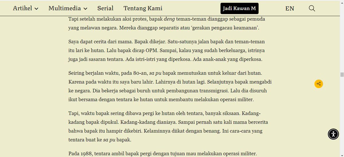 "..bapak dicap OPM. Sampai, kalau yang sudah berkeluarga, istrinya jadi sasaran tentara. Ada istri-istri diperkosa. Ada anak-anak diperkosa."

Cerita Mama Rosita &amp; Monica soal brutalitas TNI di Papua karena melawan perusahaan

Cerita yang gak akan kita temui di buku-buku sekolah